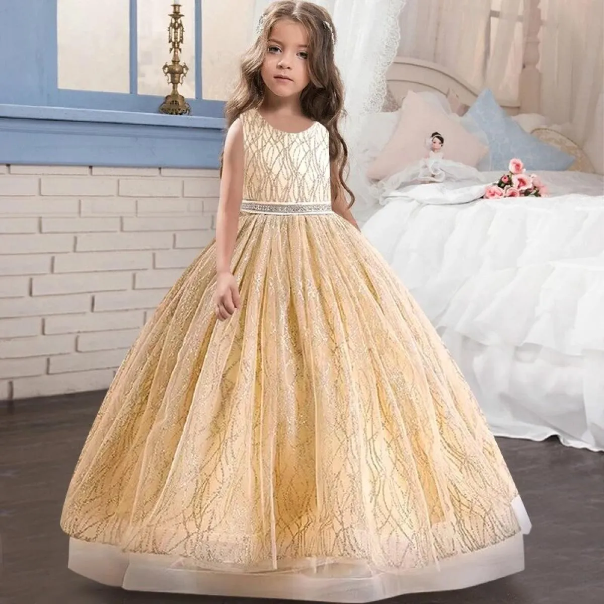 2023 Luxury Girl's New V-neck Sequin Tulle Party Evening Dress with Christmas Ball
