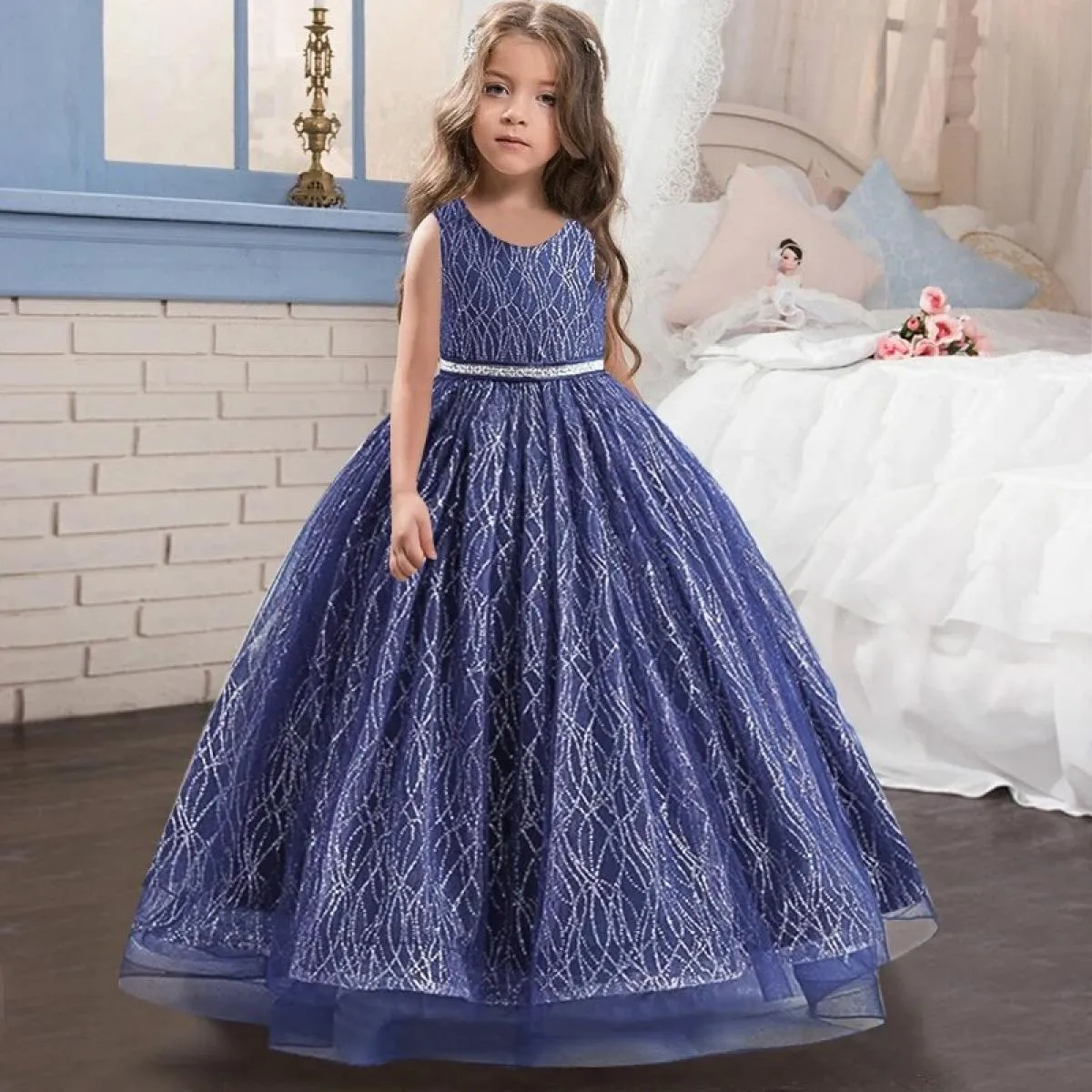 2023 Luxury Girl's New V-neck Sequin Tulle Party Evening Dress with Christmas Ball