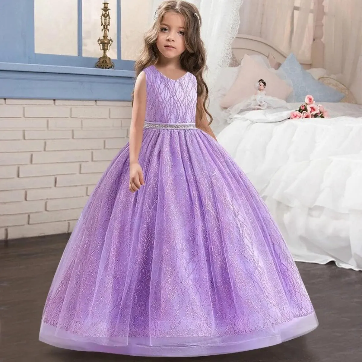 2023 Luxury Girl's New V-neck Sequin Tulle Party Evening Dress with Christmas Ball