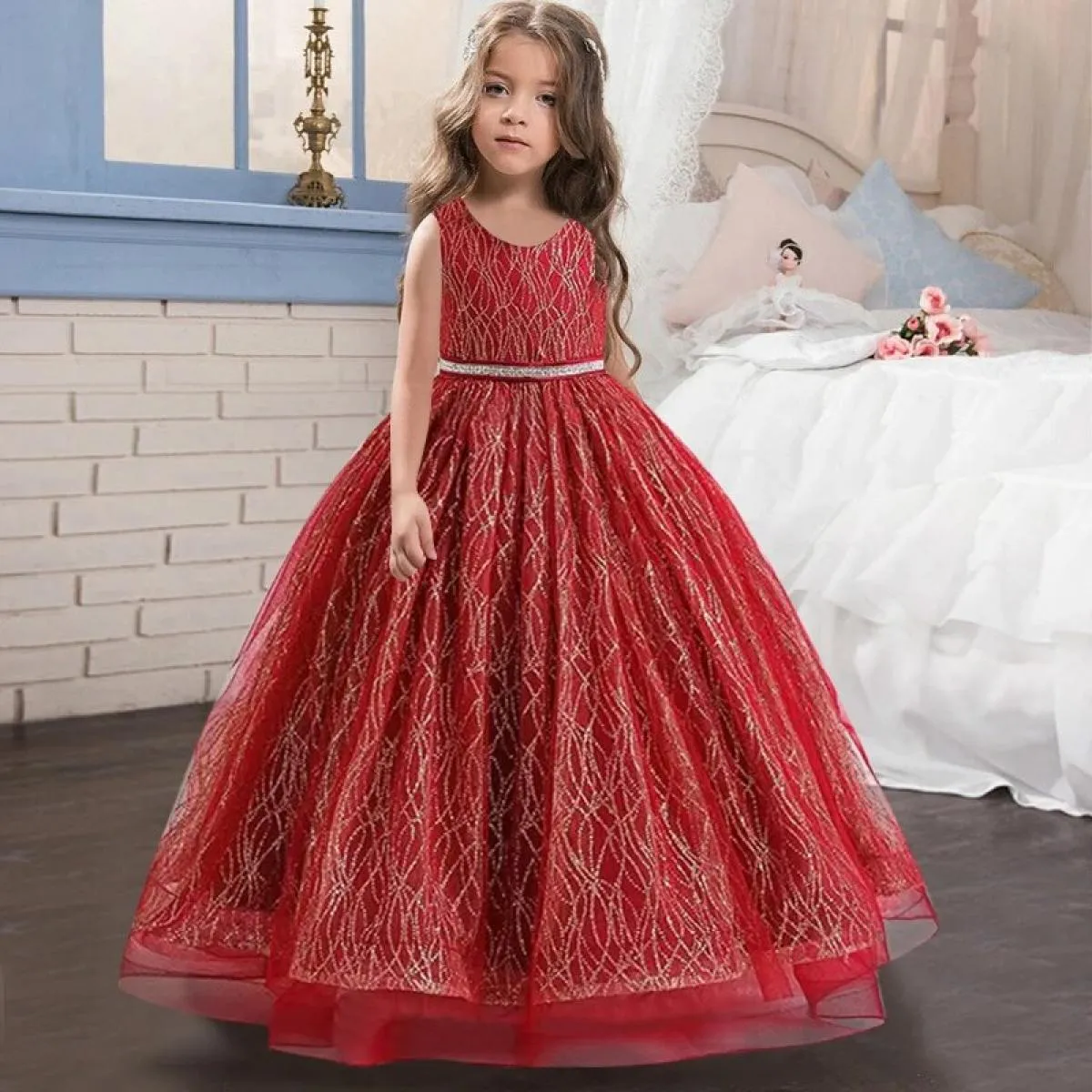 2023 Luxury Girl's New V-neck Sequin Tulle Party Evening Dress with Christmas Ball