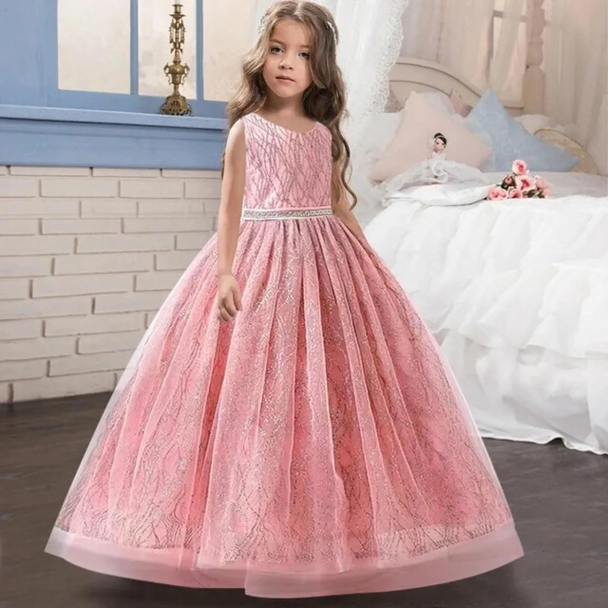 2023 Luxury Girl's New V-neck Sequin Tulle Party Evening Dress with Christmas Ball