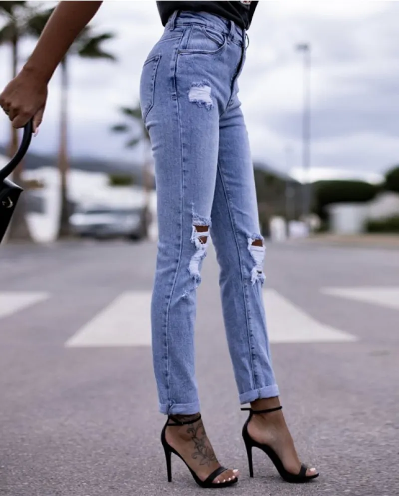 2024 Spring Factory Ready Stock  And  Elastic Ripped Women's Straight-fitting Butt-lifting Fashion Jeans