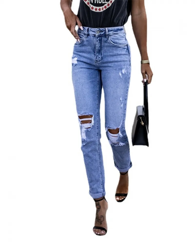 2024 Spring Factory Ready Stock  And  Elastic Ripped Women's Straight-fitting Butt-lifting Fashion Jeans