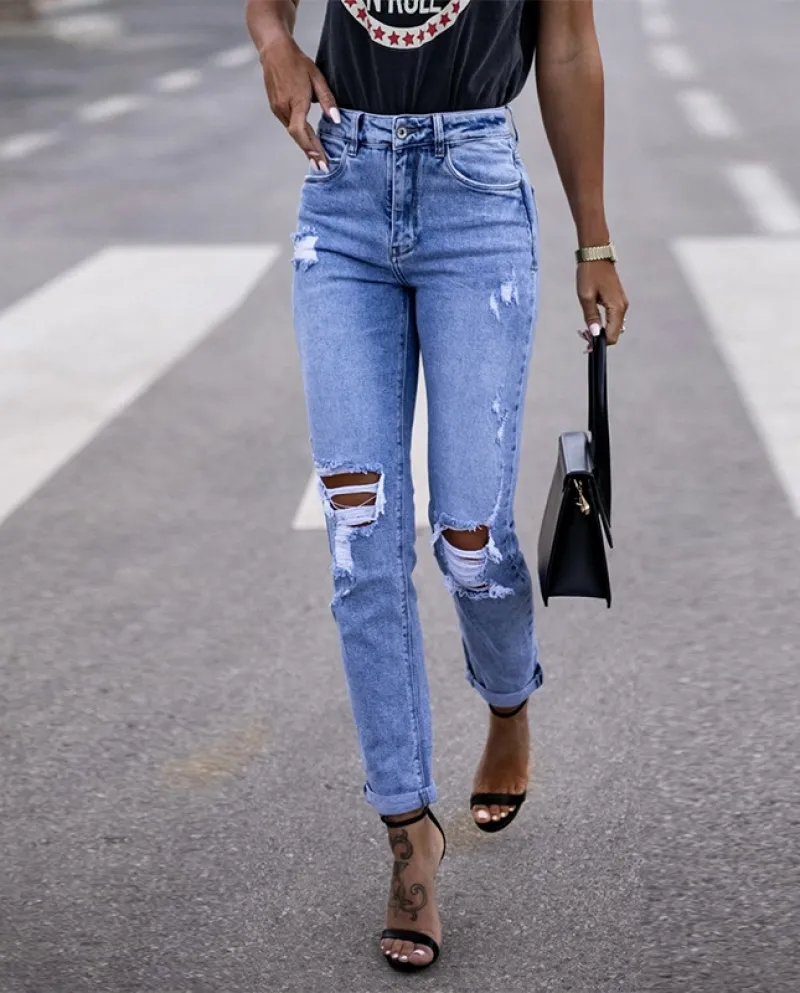 2024 Spring Factory Ready Stock  And  Elastic Ripped Women's Straight-fitting Butt-lifting Fashion Jeans
