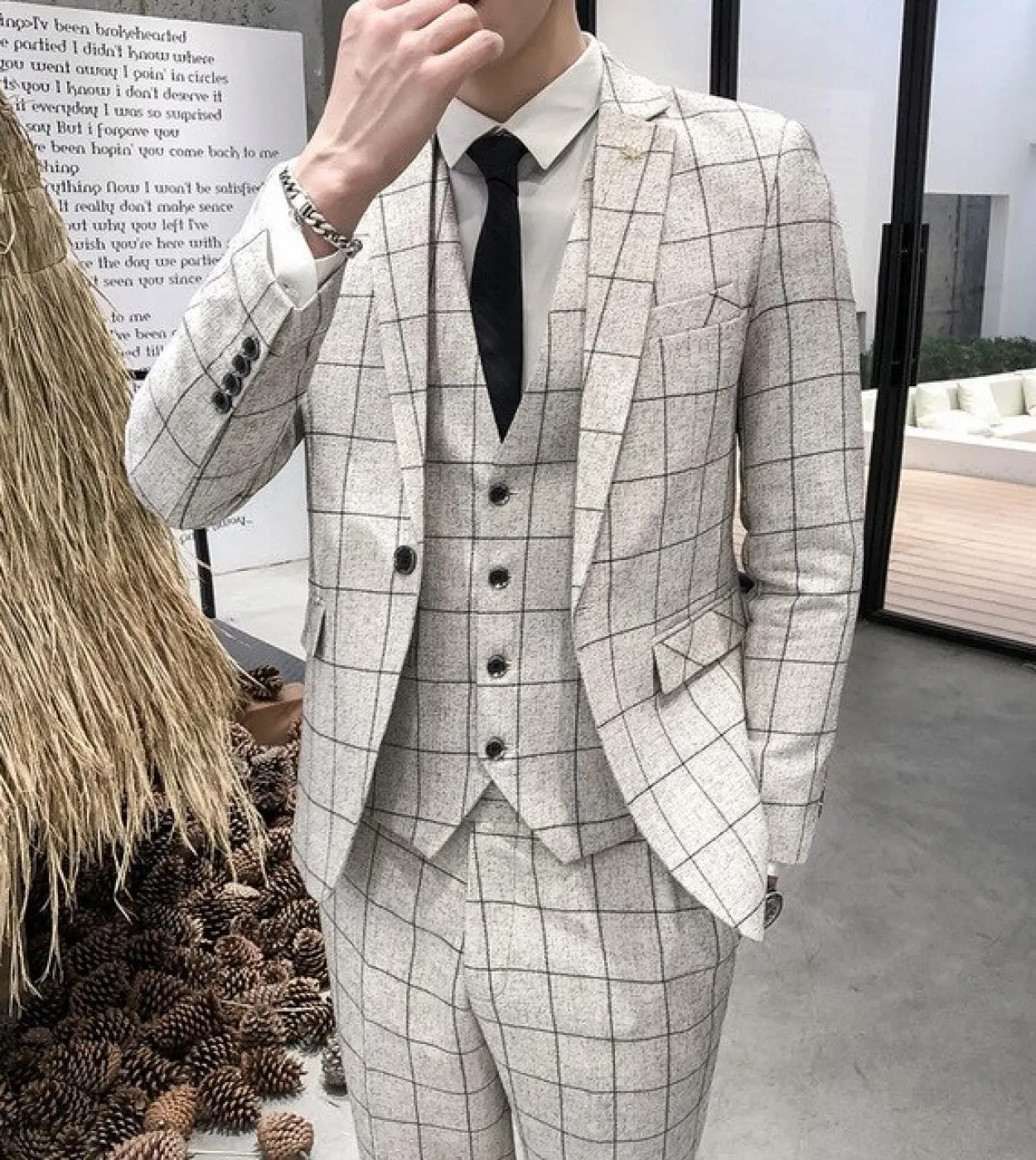 3 pezzi completo completo giacca pantaloni gilet  2022 moda uomo casual boutique business lino a righe abito formale sottile Bl