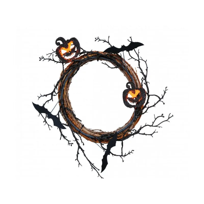 30cm hanging Halloween wreath with black glitter felt pumpkins for spooky home decor and parties