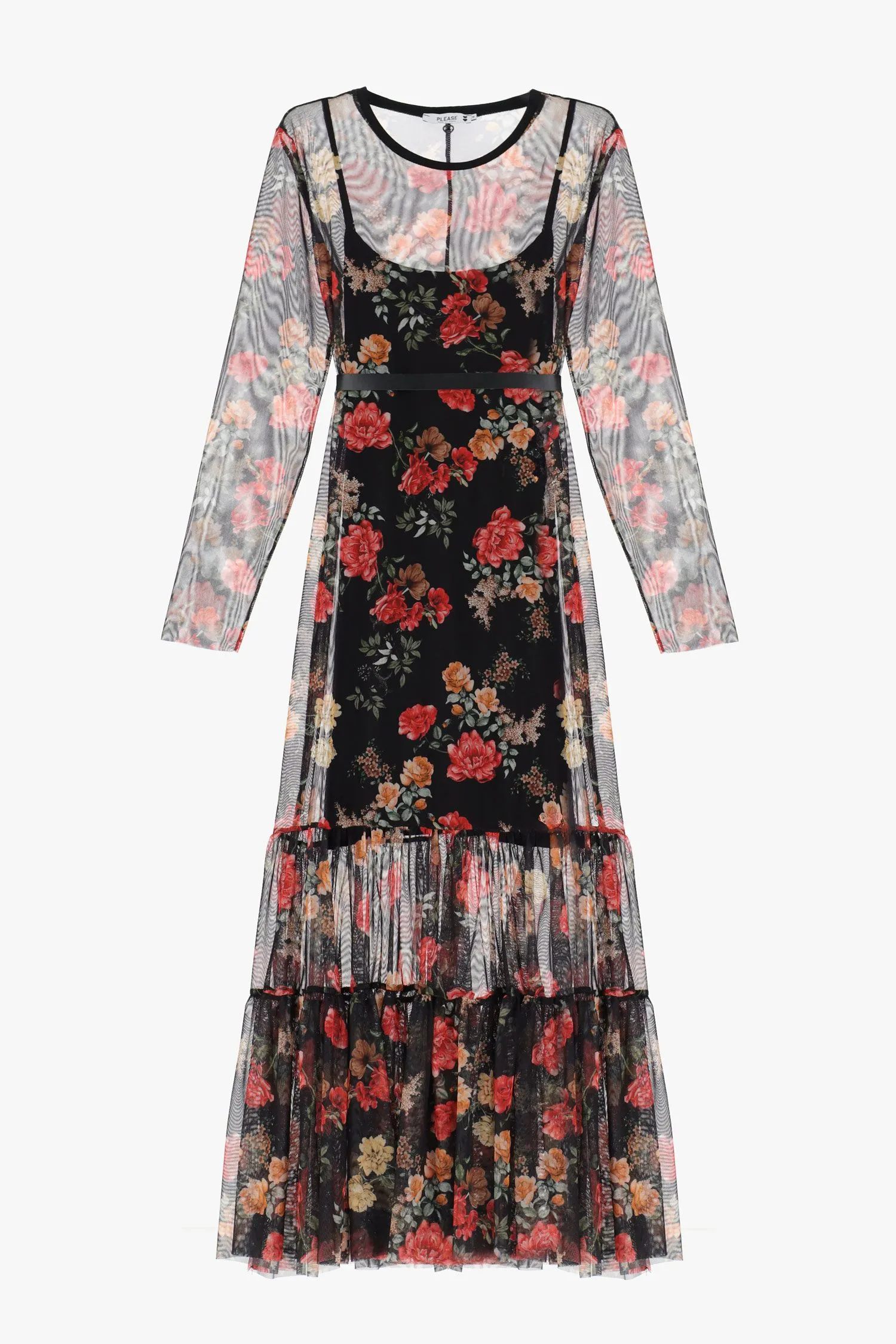 Abito lungo floreale in tulle con balze 