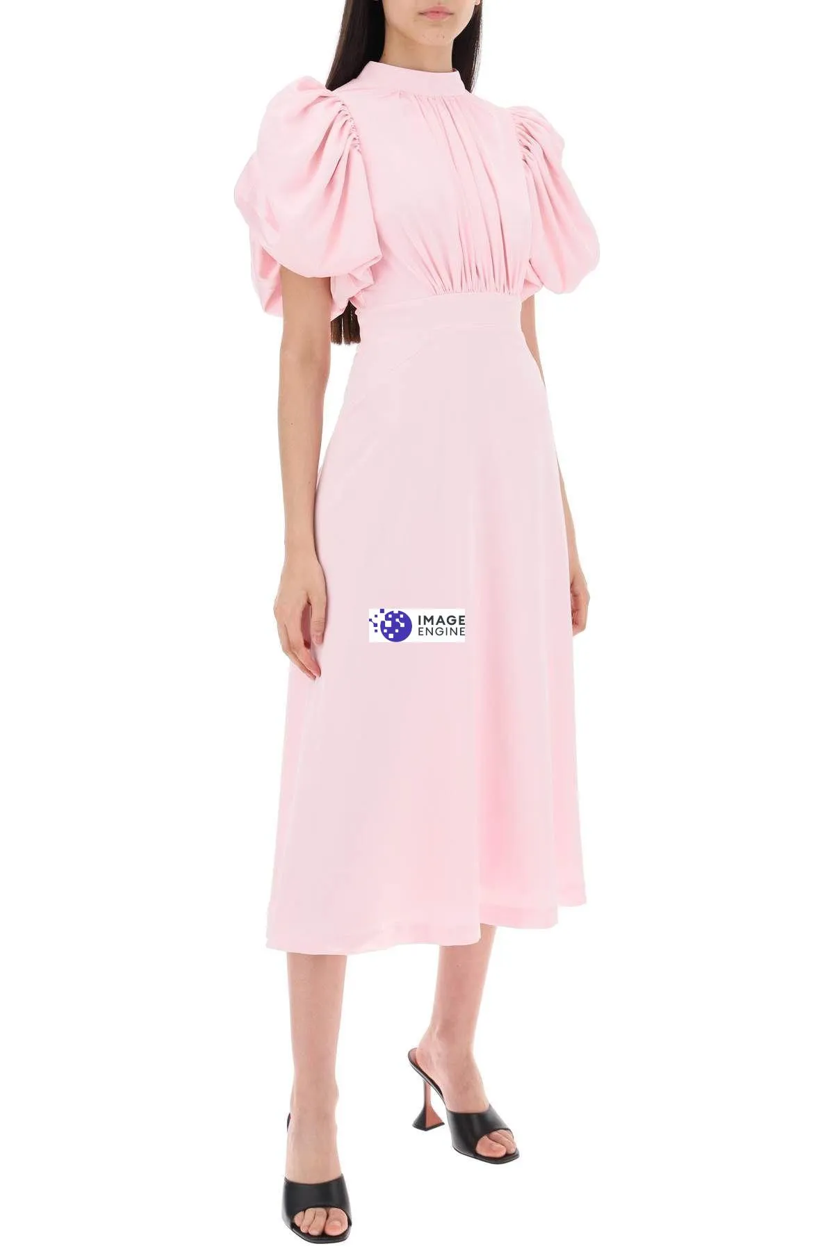 Abito midi in satin con maniche a palloncino