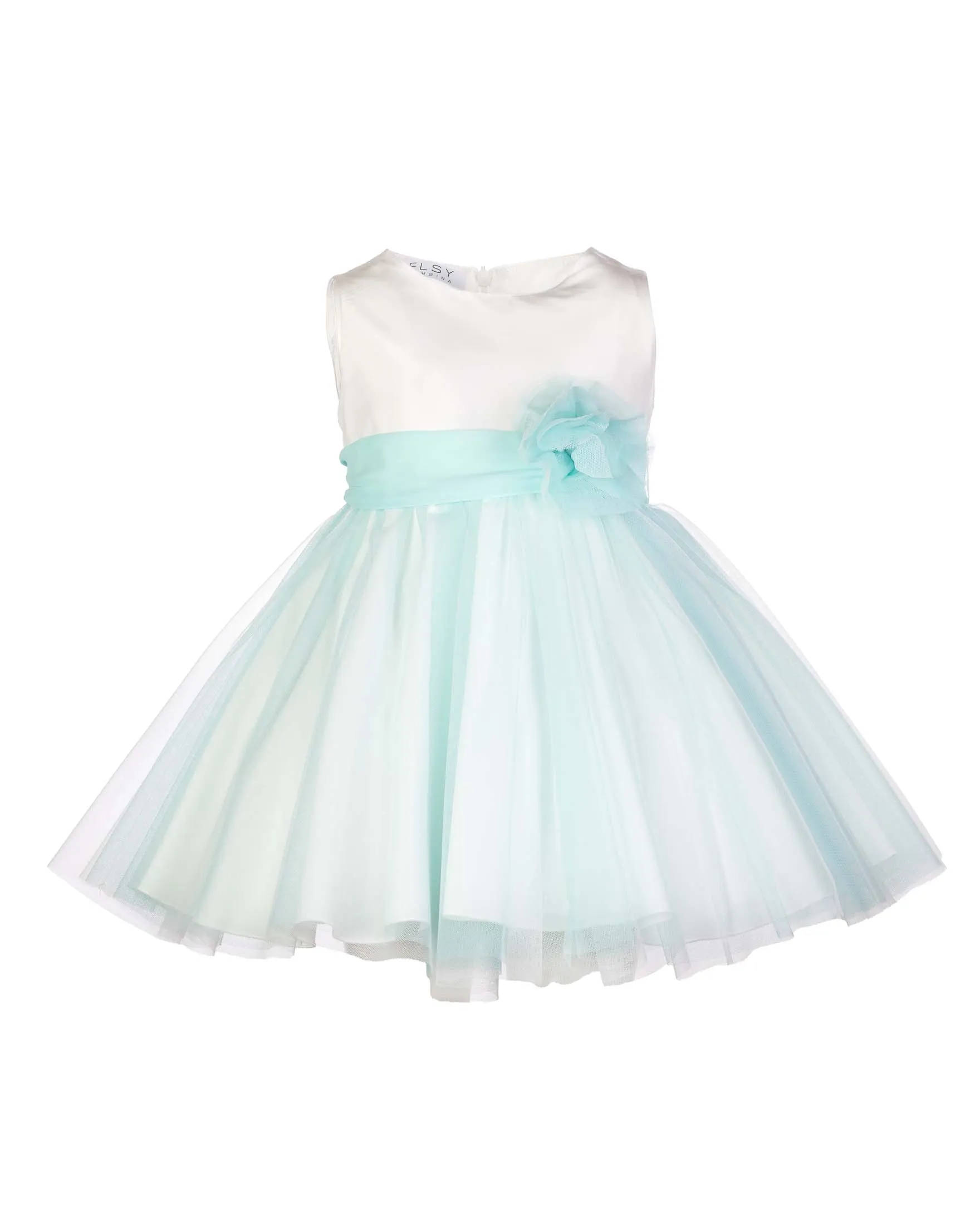 Abito mini bianco senza maniche con tulle verde acqua e fusciacca in organza con fiore 8 anni
