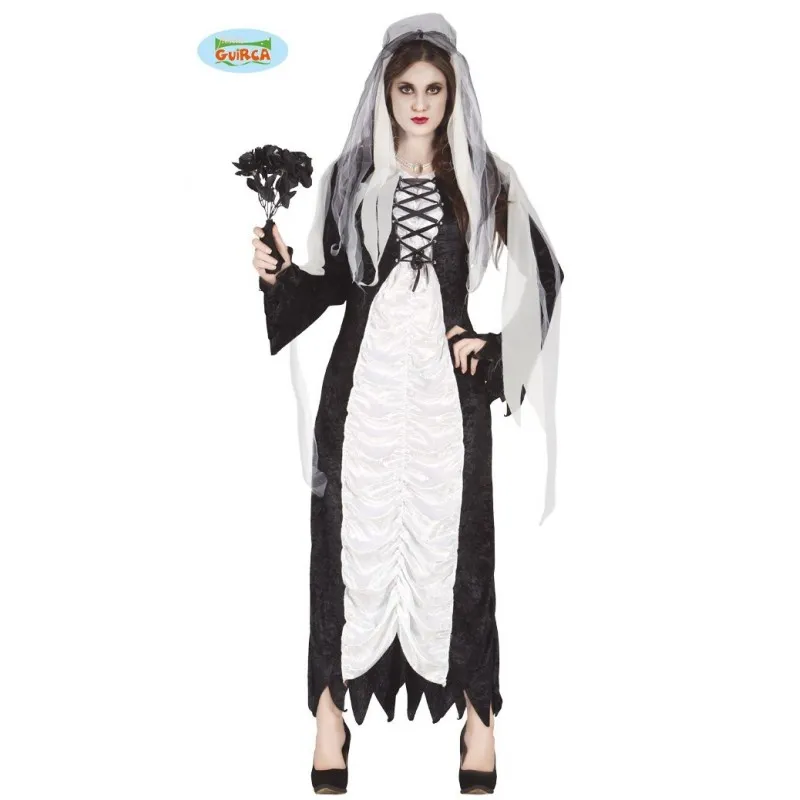 Adult women's white and black corpse dress with veil - one size fits all for Carnival and Halloween.