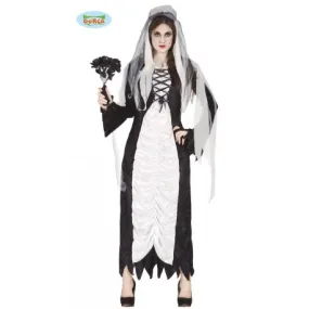 Adult women's white and black corpse dress with veil - one size fits all for Carnival and Halloween.