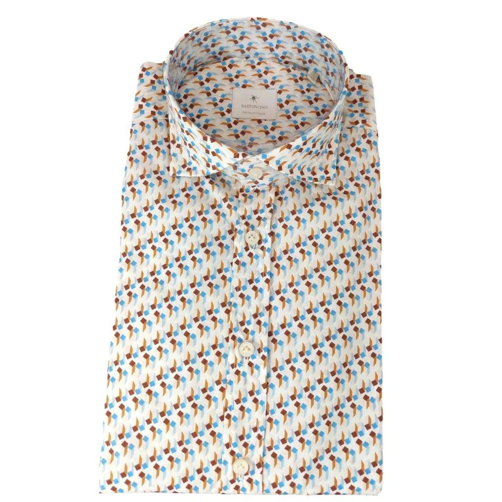 Bastoncino Cotone Linato Fantasia Bianca Marrone Celeste Camicia with Bottone in Madreperla by Bastoncino