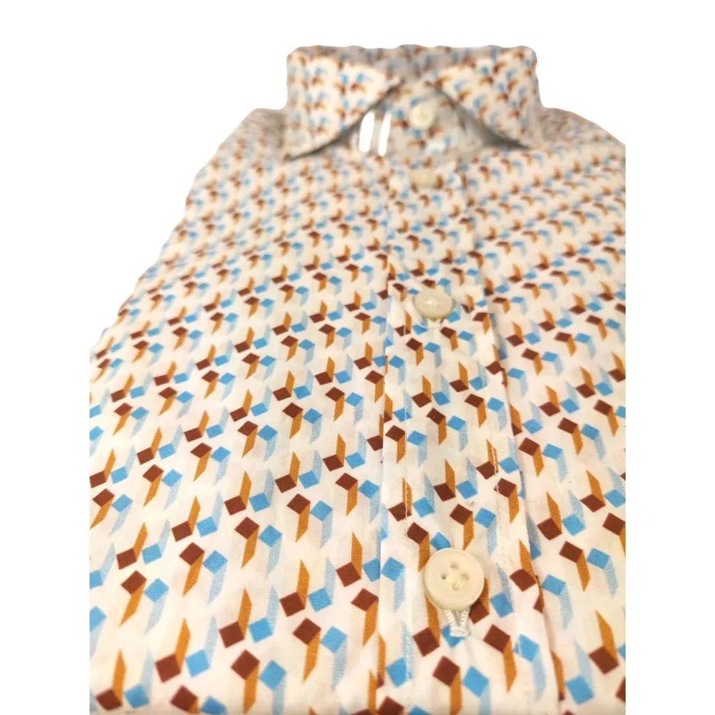 Bastoncino Cotone Linato Fantasia Bianca Marrone Celeste Camicia with Bottone in Madreperla by Bastoncino