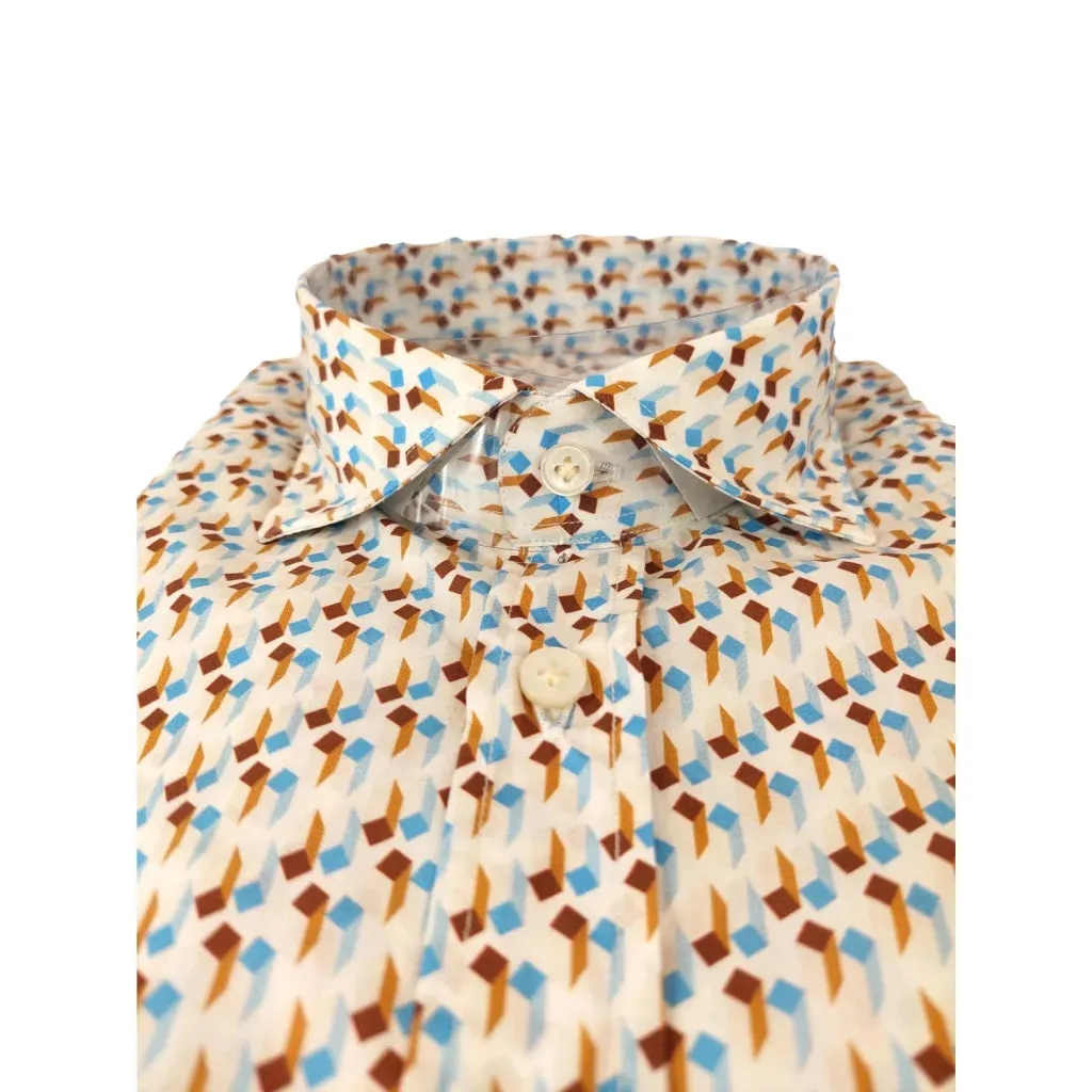 Bastoncino Cotone Linato Fantasia Bianca Marrone Celeste Camicia with Bottone in Madreperla by Bastoncino