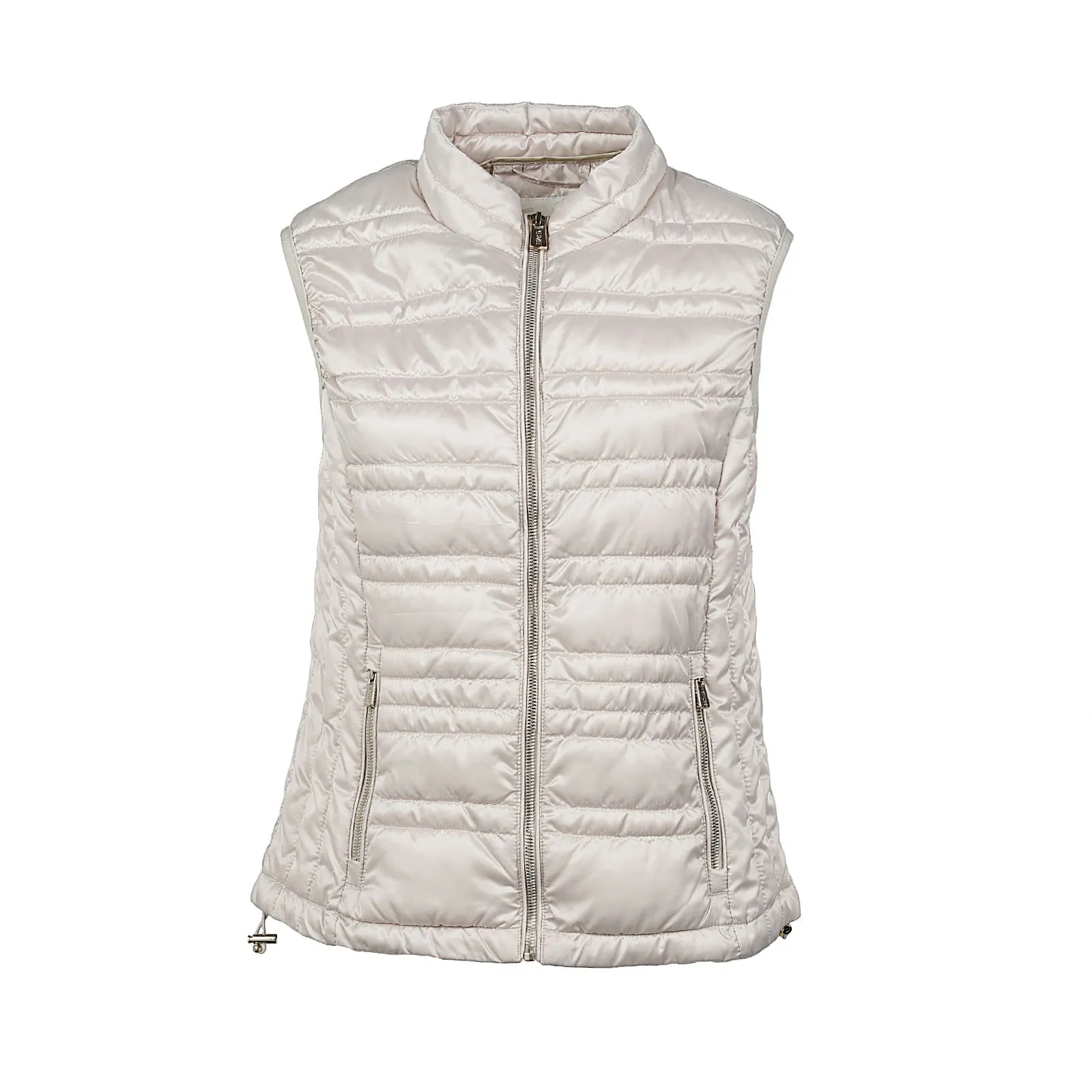 Beige padded vest with zipper and pockets.