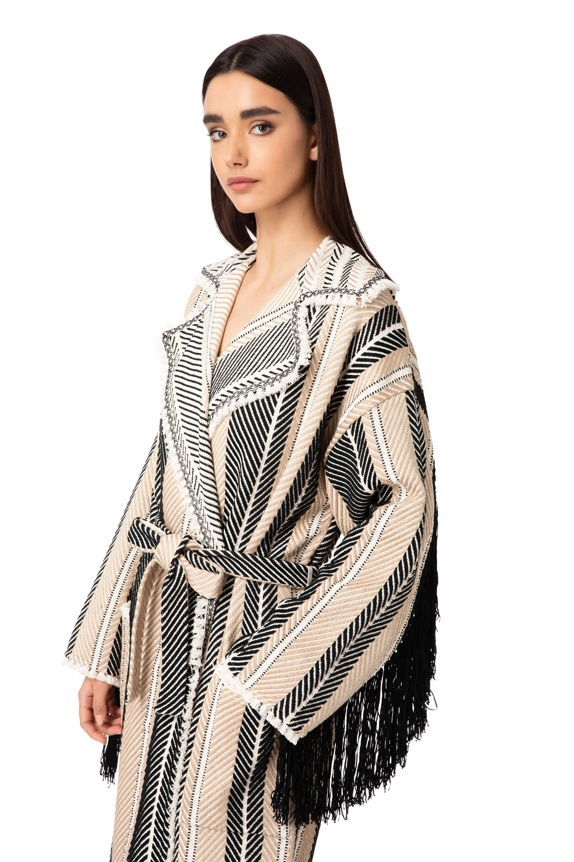 Bicolor fringed deconstructed coat.