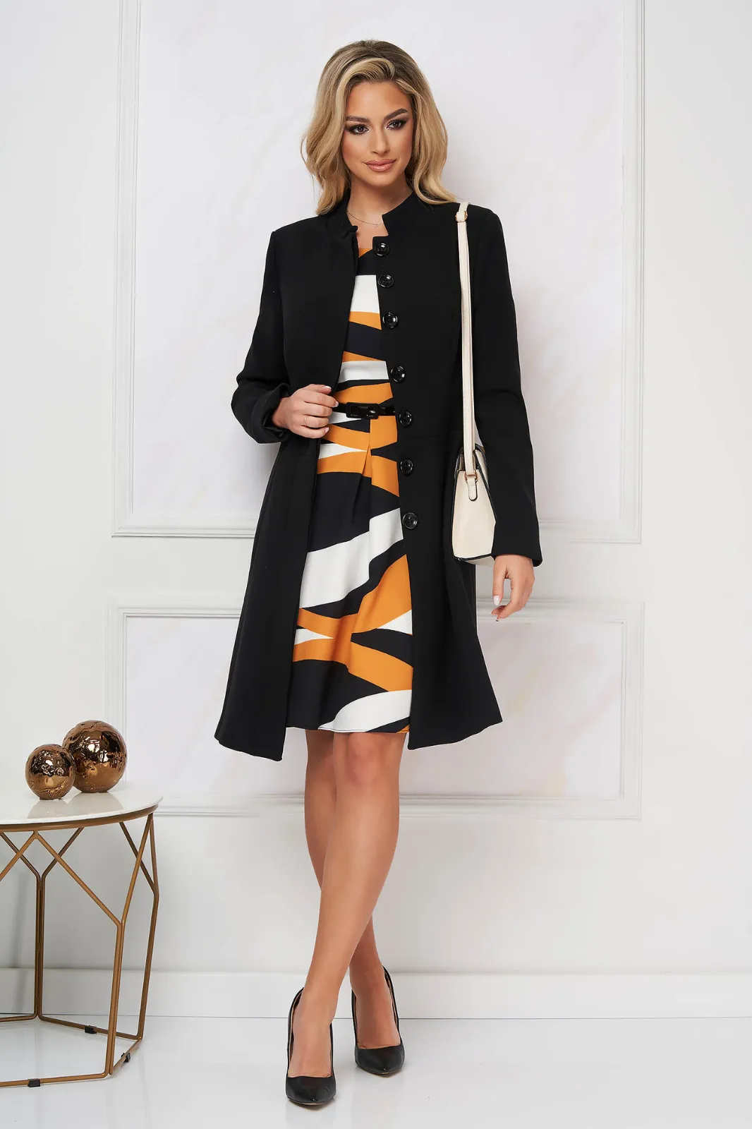 Black Artist High Collar Coat with Slightly Flared Cut, Accented with Two Belts