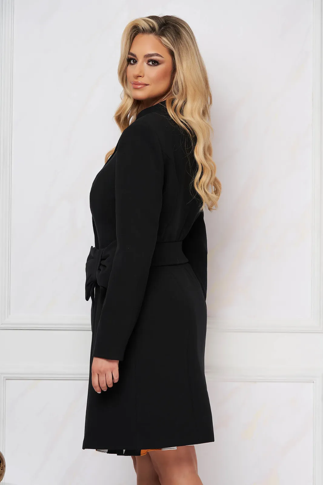 Black Artist High Collar Coat with Slightly Flared Cut, Accented with Two Belts