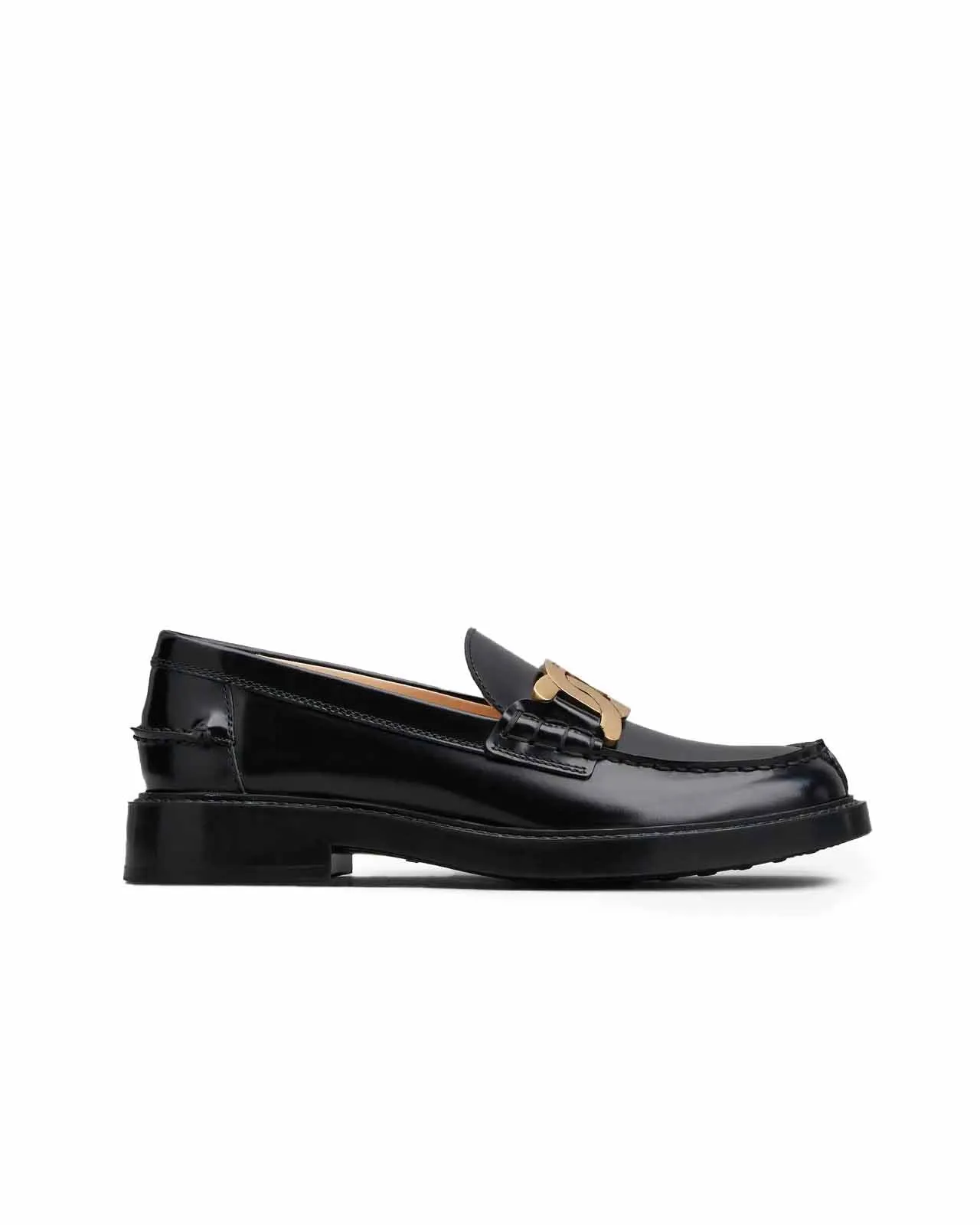black brushed leather loafer with gold chain