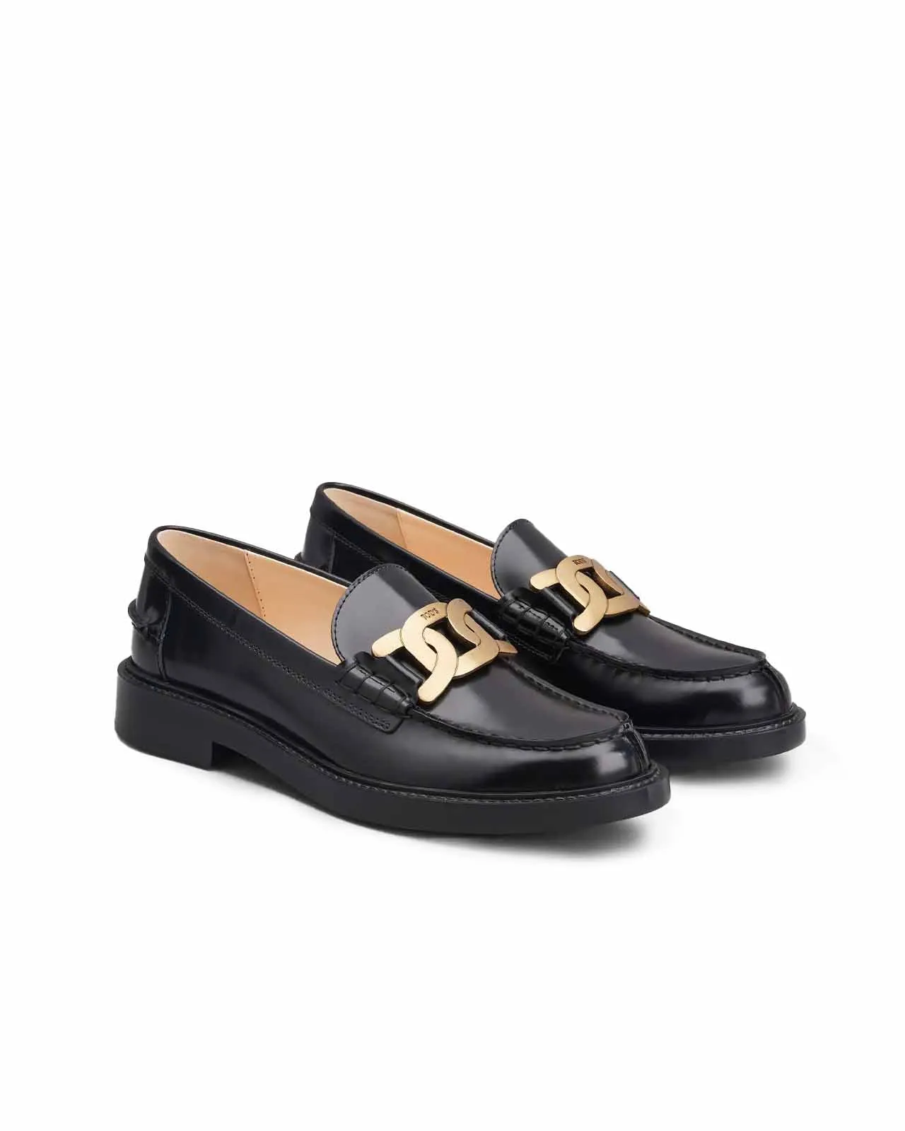 black brushed leather loafer with gold chain