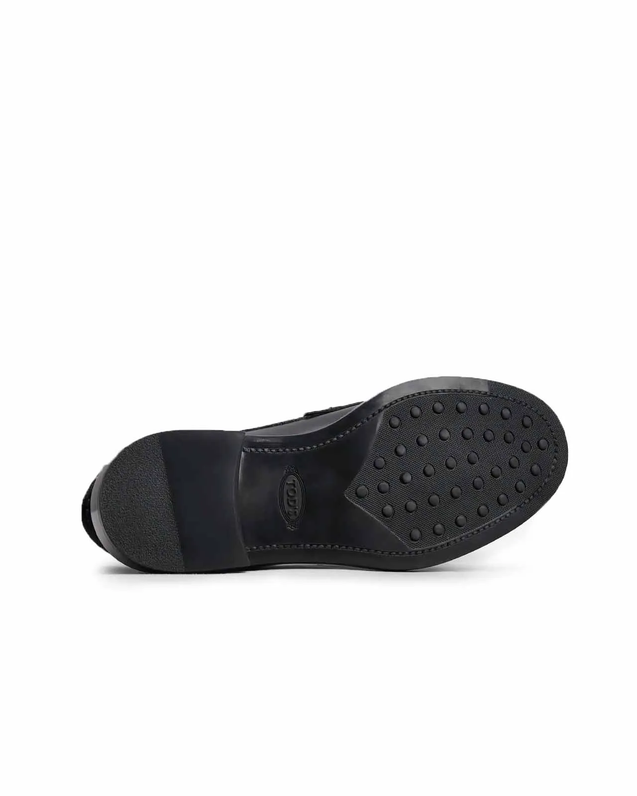 black brushed leather loafer with gold chain