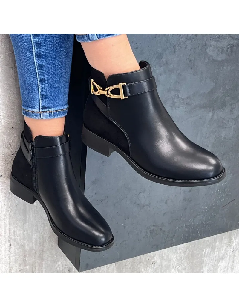 Black buckle ankle boot.