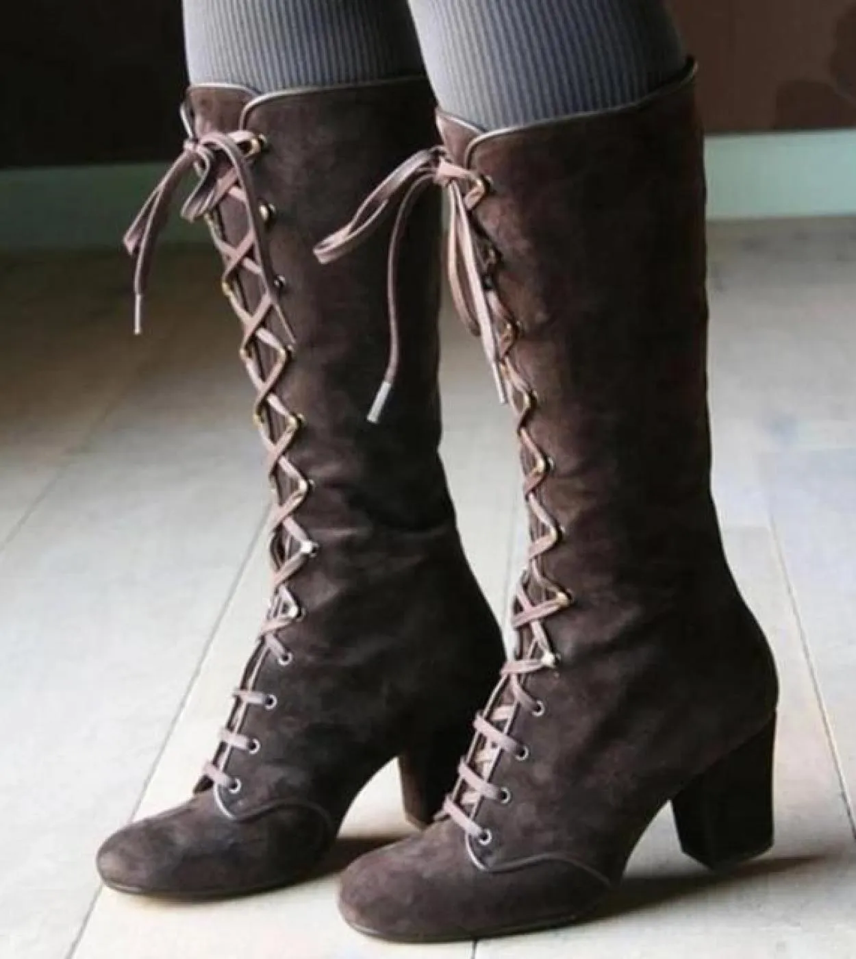 Black Knee High Women's Boots Mid Calf Casual Vintage Retro Half Calf Boots with Chunky Heels