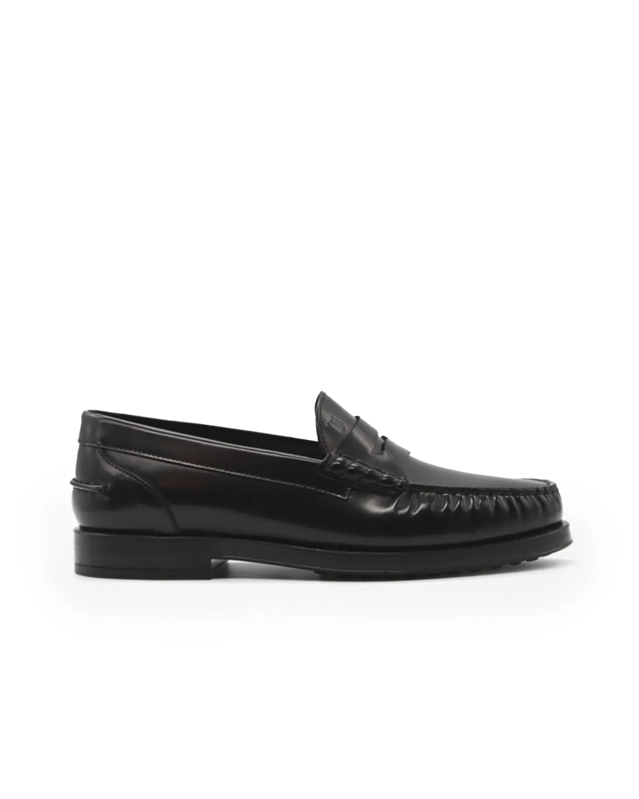 Black leather moccasin with rubber soles