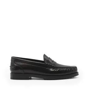 Black leather moccasin with rubber soles