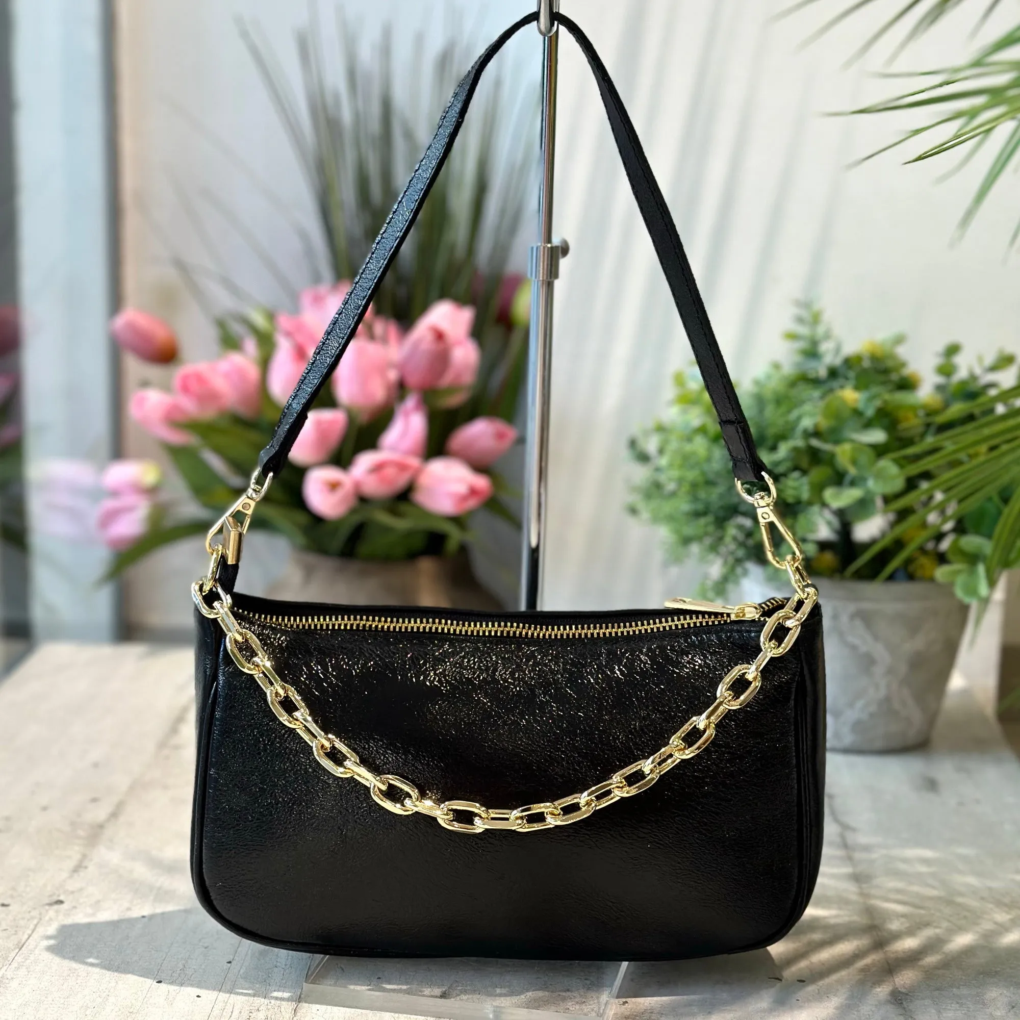 Black Patent Leather Shoulder Bag with Chain