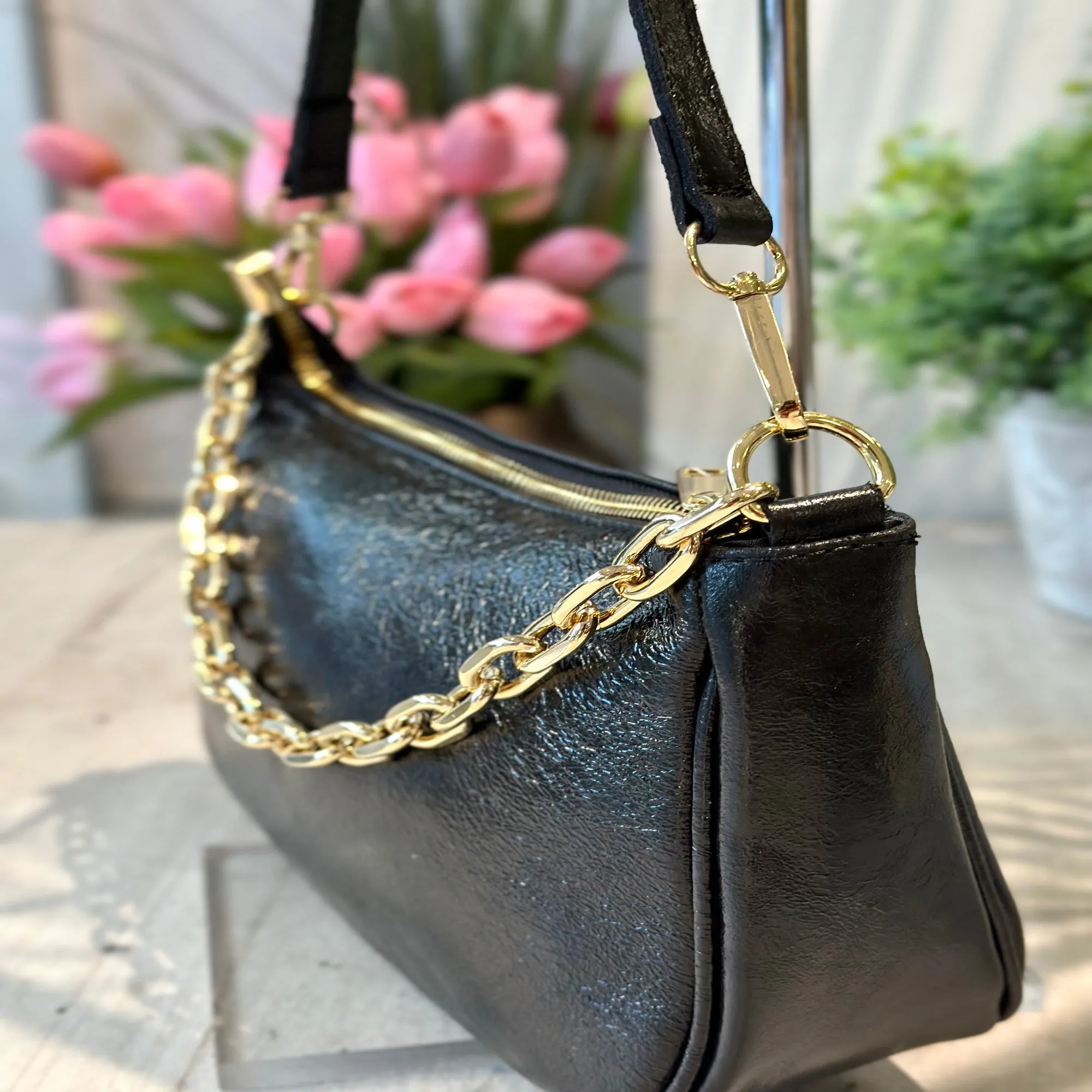 Black Patent Leather Shoulder Bag with Chain