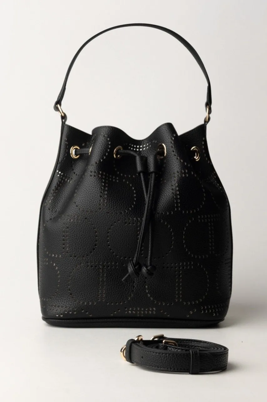 Black perforated logo bucket bag.