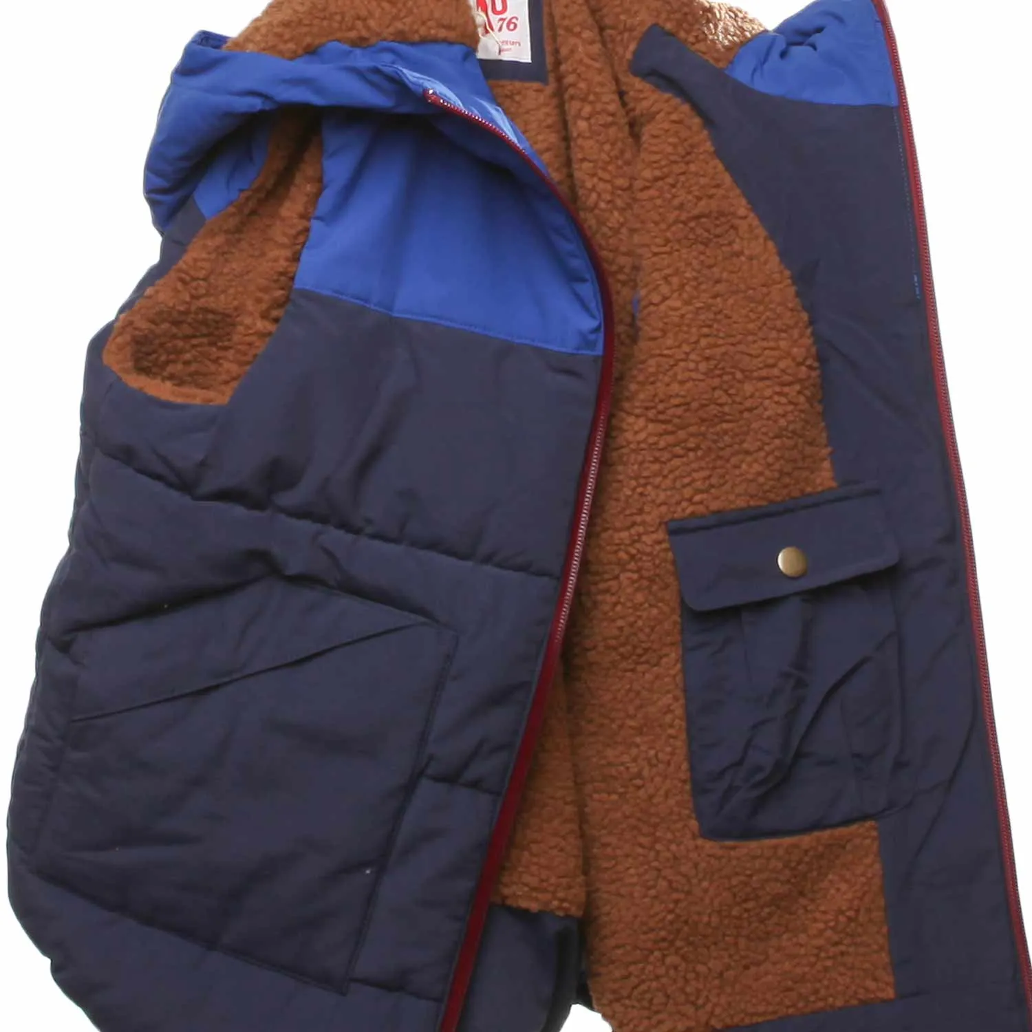 Blue and brown padded vest for children and teenagers.
