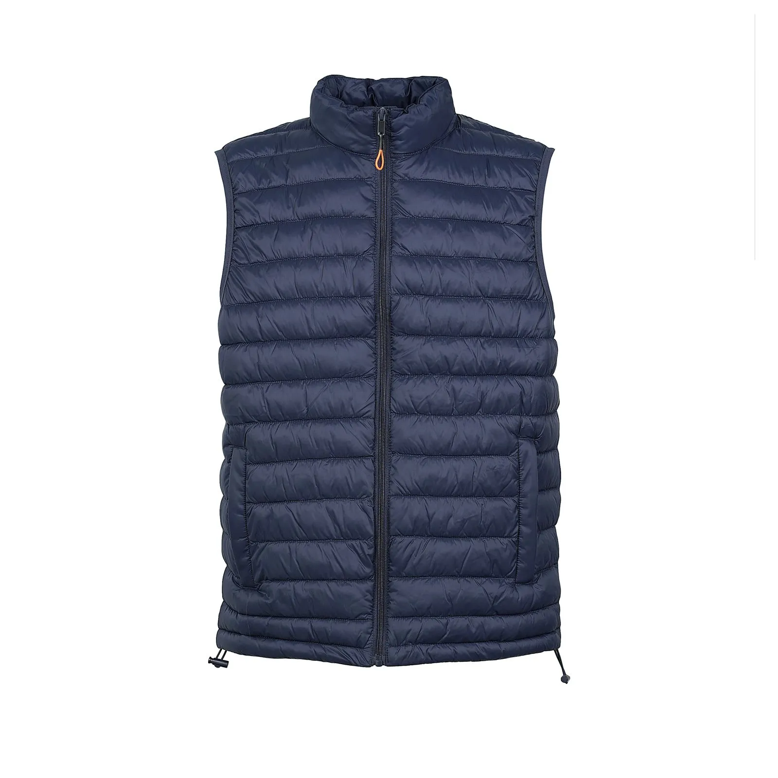Blue padded gilet with zipper and pockets.