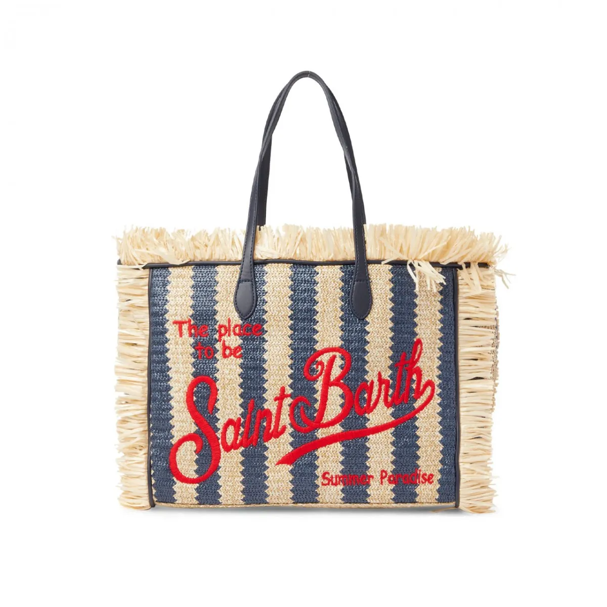 Borsa Vanity In Paglia A Righe Con Ricamo, Blu
