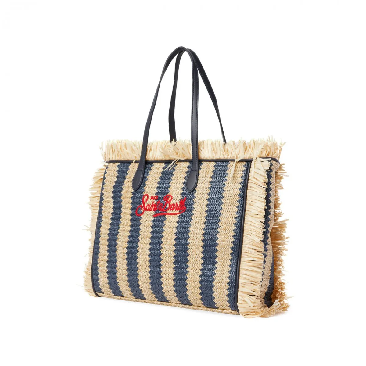 Borsa Vanity In Paglia A Righe Con Ricamo, Blu