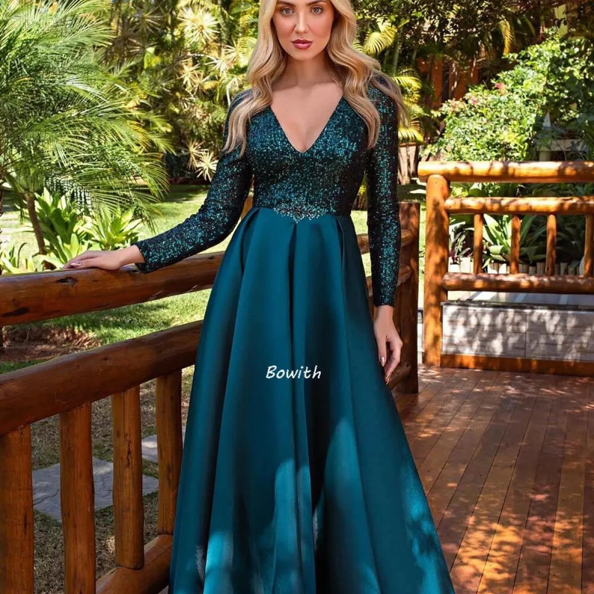 Bowith long evening dresses, shiny 2022 Christmas party dress, formal dress with deep V-neck