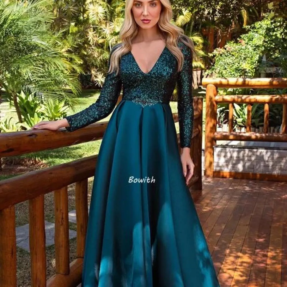 Bowith long evening dresses, shiny 2022 Christmas party dress, formal dress with deep V-neck