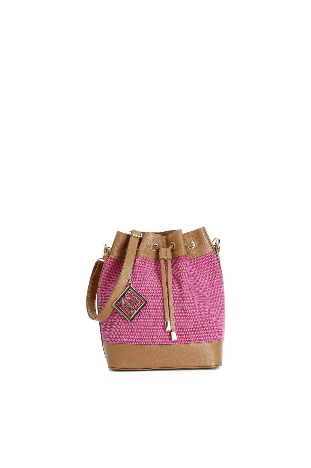 bucket bag in raffia with drawstring closure, leather trim, fuchsia/leather tassel.
