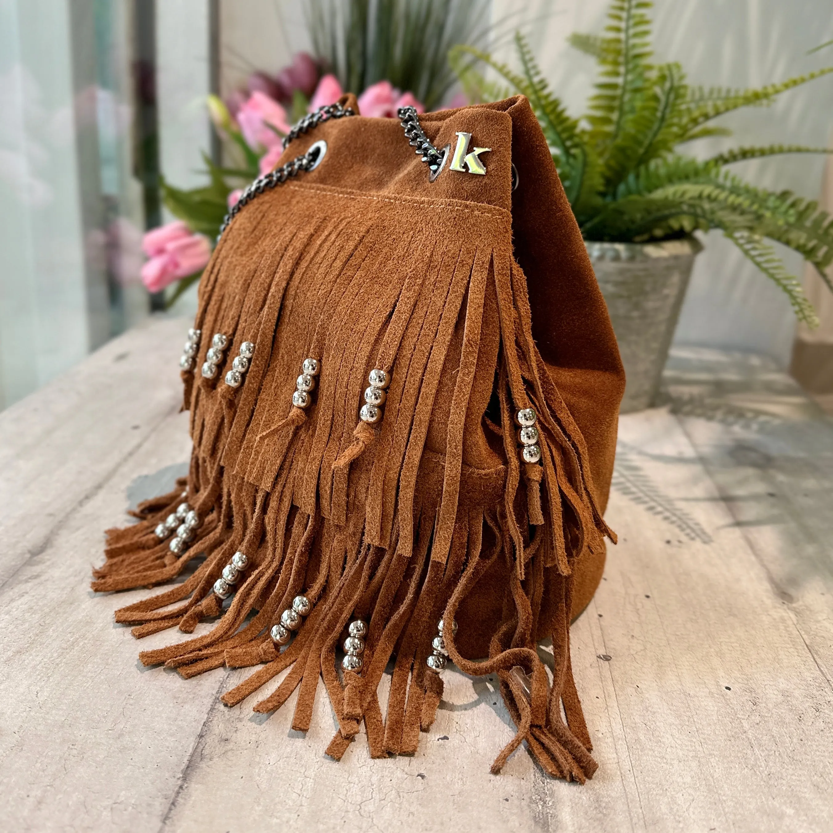 Bucket Bag with Beaded Fringe Suede Leather KikkiLine LIMITED EDITION