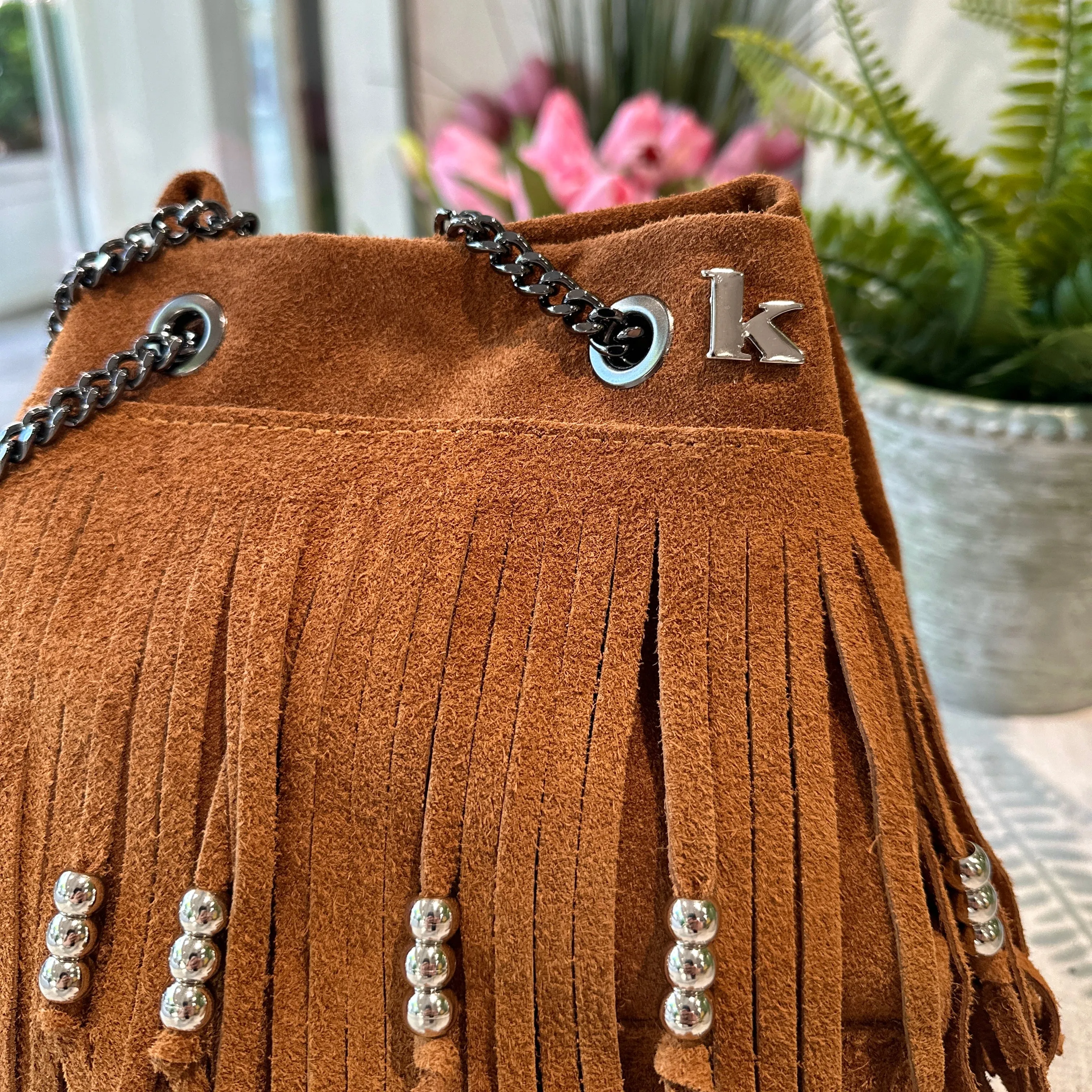 Bucket Bag with Beaded Fringe Suede Leather KikkiLine LIMITED EDITION