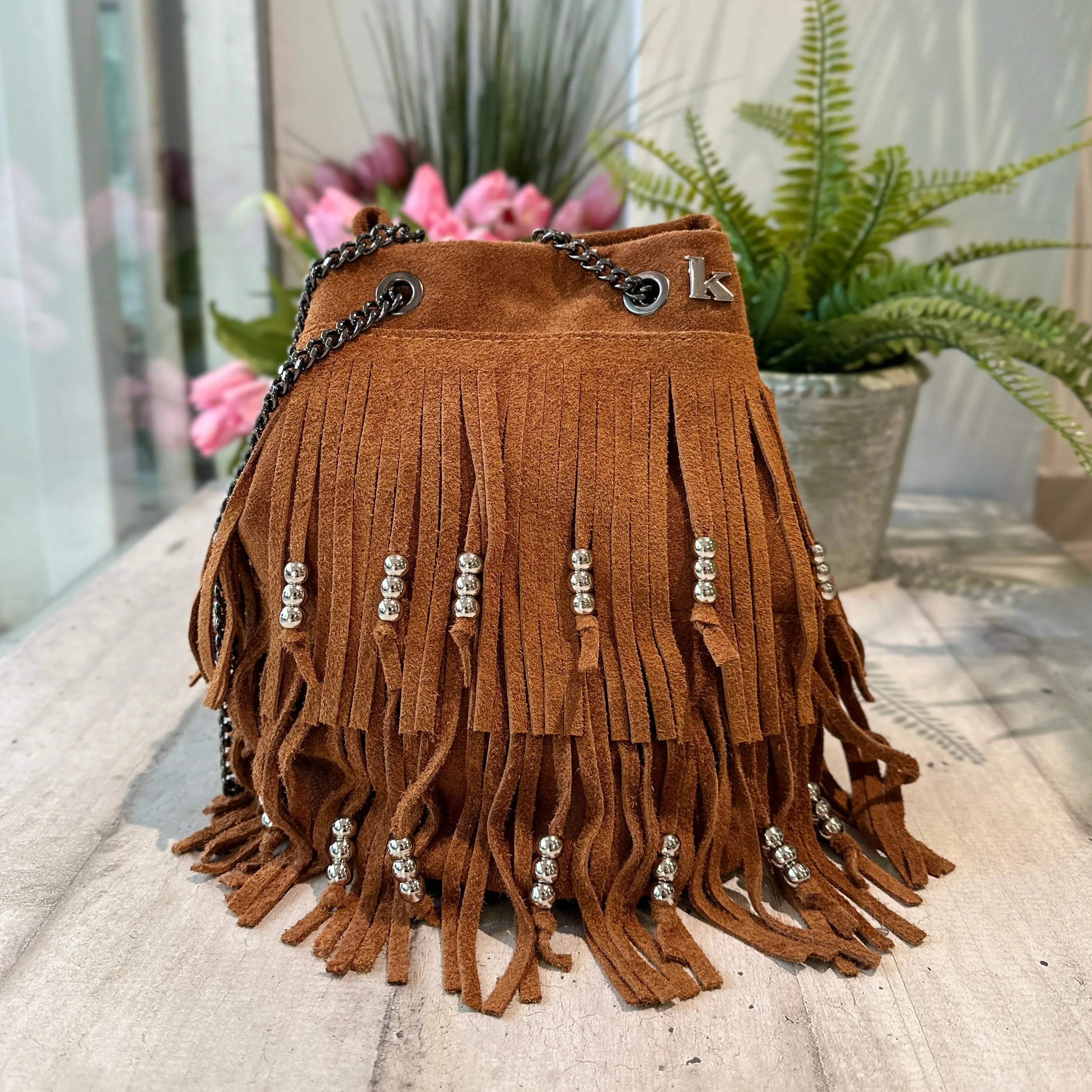 Bucket Bag with Beaded Fringe Suede Leather KikkiLine LIMITED EDITION