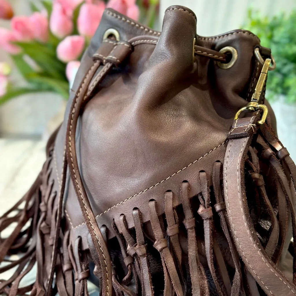 Bucket Bag with Dark Brown Fringes in Vintage Nubuck Leather