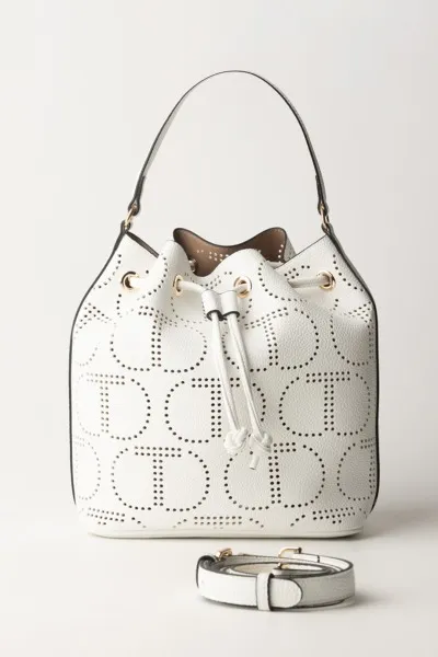 Bucket bag with laser-cut logo in optical white.
