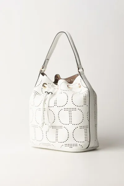 Bucket bag with laser-cut logo in optical white.