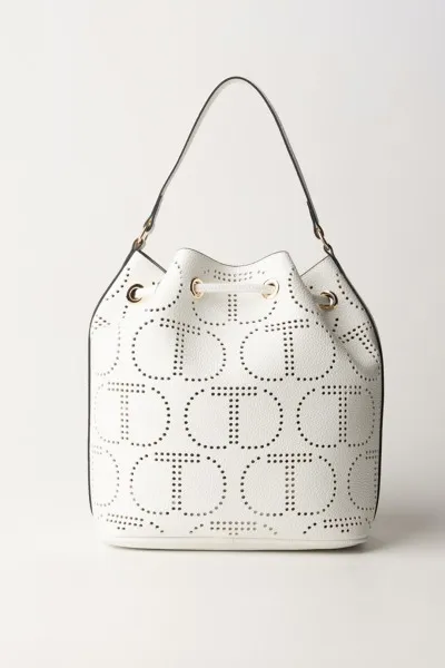Bucket bag with laser-cut logo in optical white.