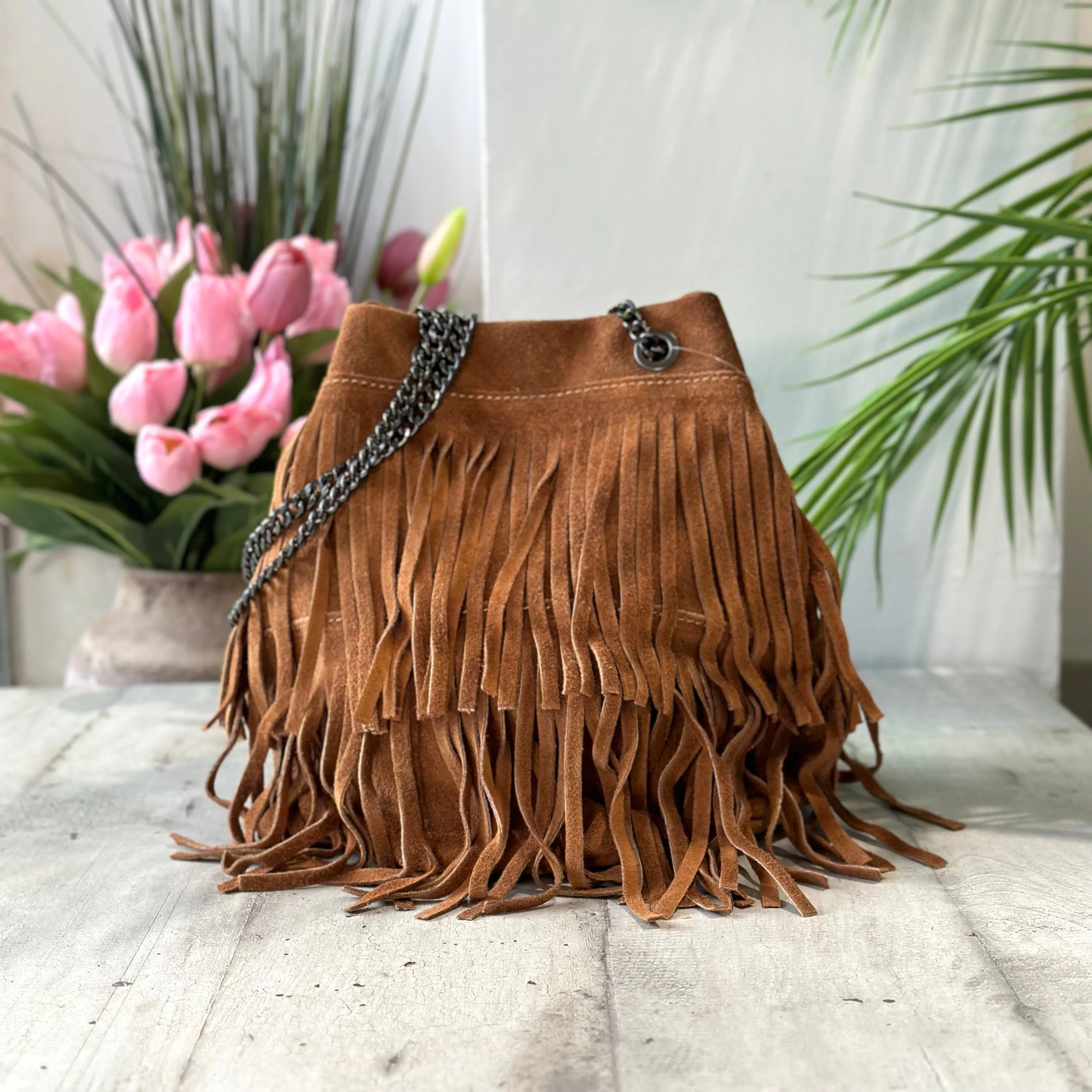 Bucket Bag with Leather Fringes Suede Leather