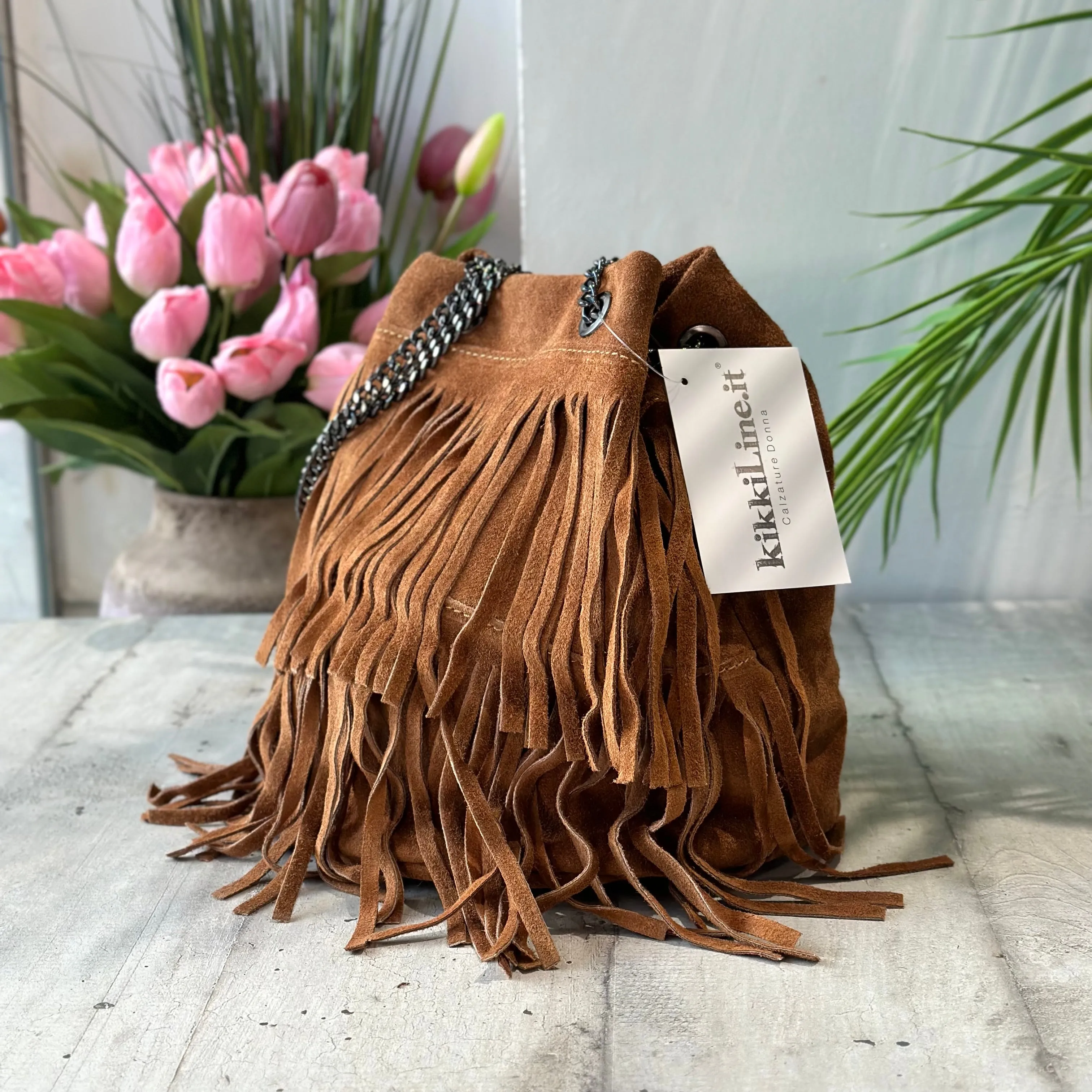 Bucket Bag with Leather Fringes Suede Leather
