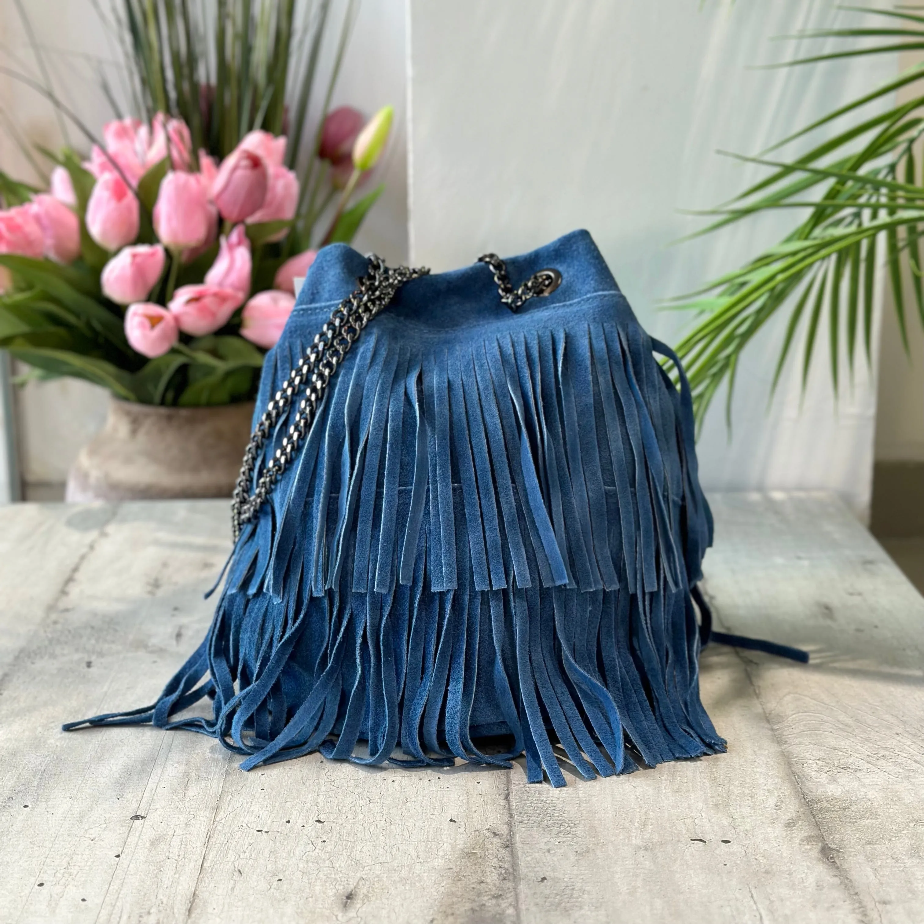 Bucket bag with Navy Jeans Fringe in Suede Leather