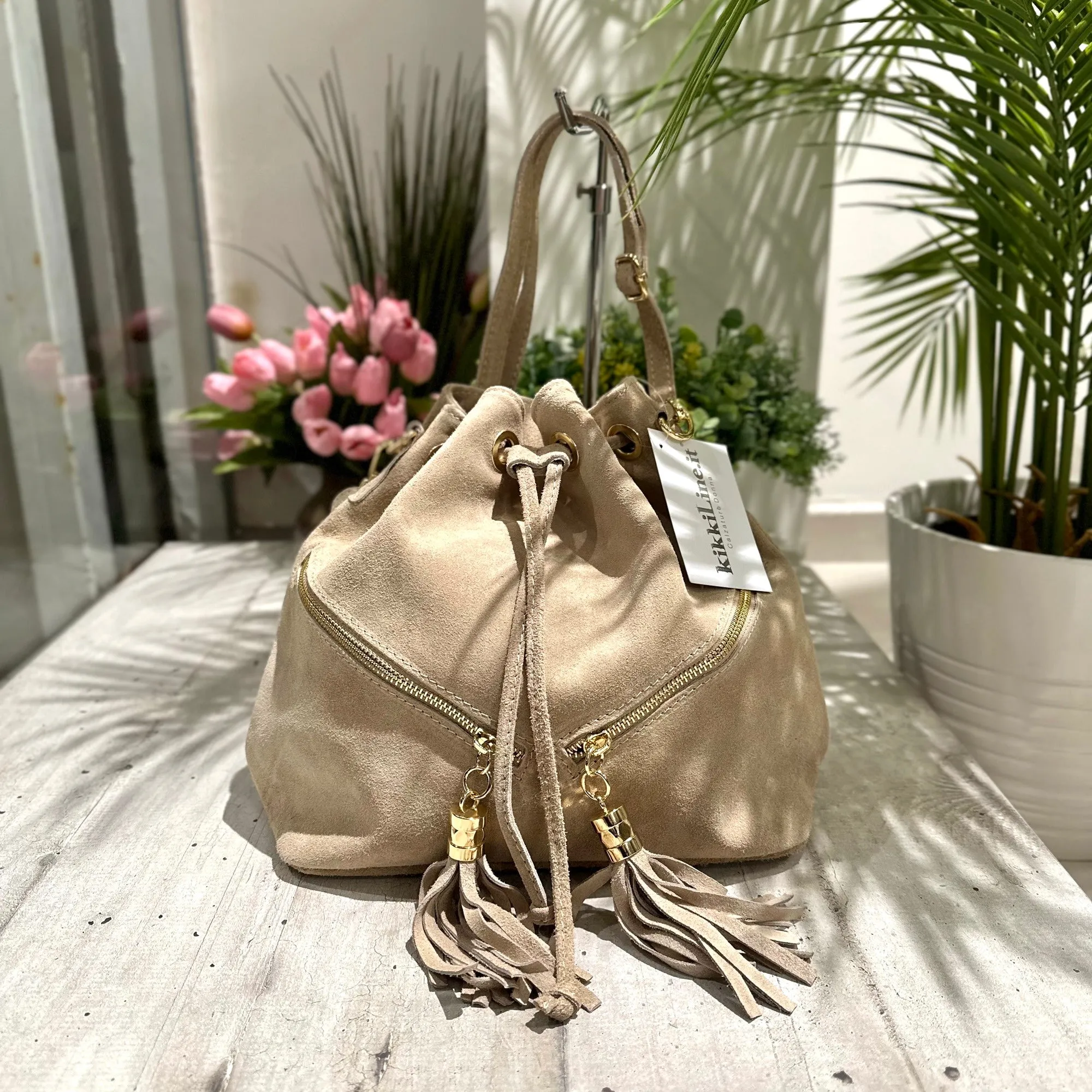 Bucket Bag with Tassels in Beige Suede Leather Double Zip